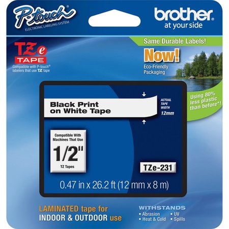 Brother Brother 12mm (1/2") Black on White Laminated Tape (8m/26.2') TZE231